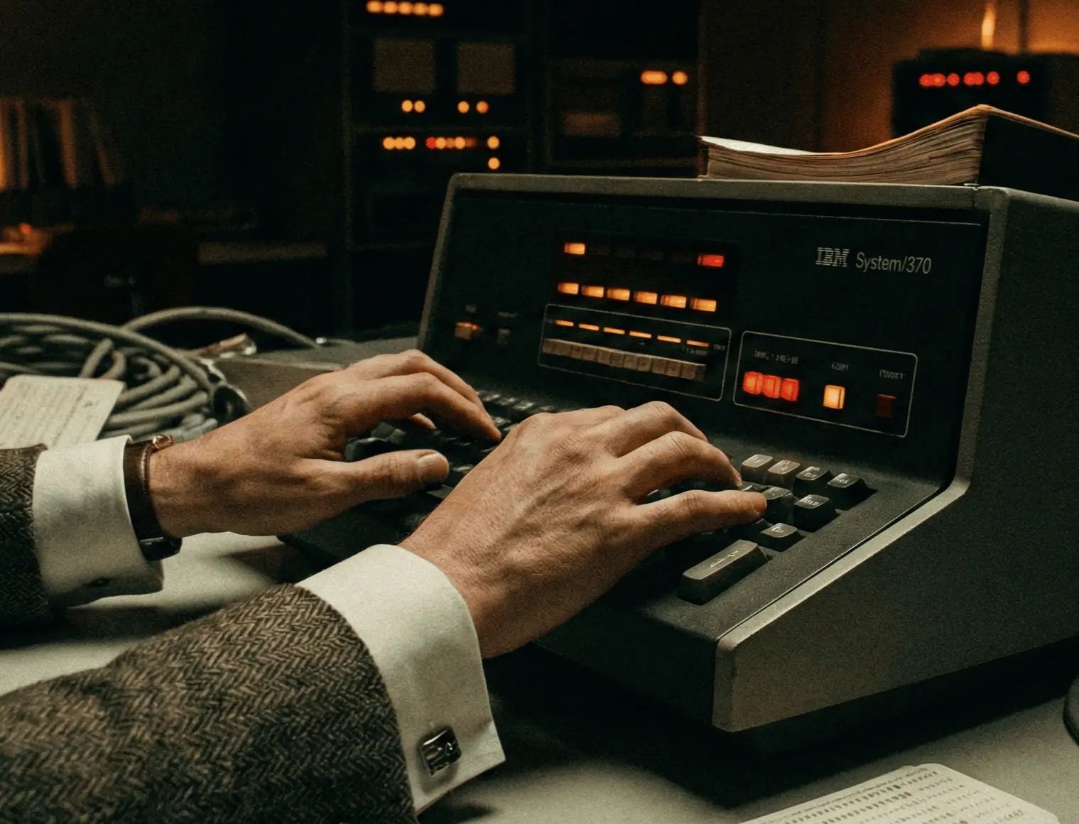 Mani su una tastiera IBM System/370 durante una sessione di lavoro, in una sala macchine