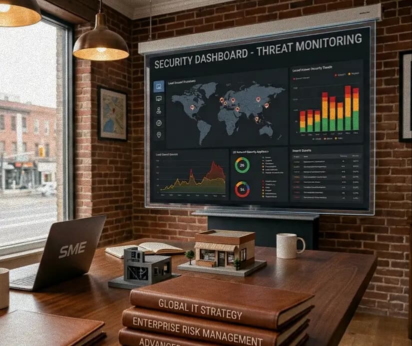 Sala riunioni con un grande schermo di monitoraggio e volumi di strategia informatica su un tavolo di legno