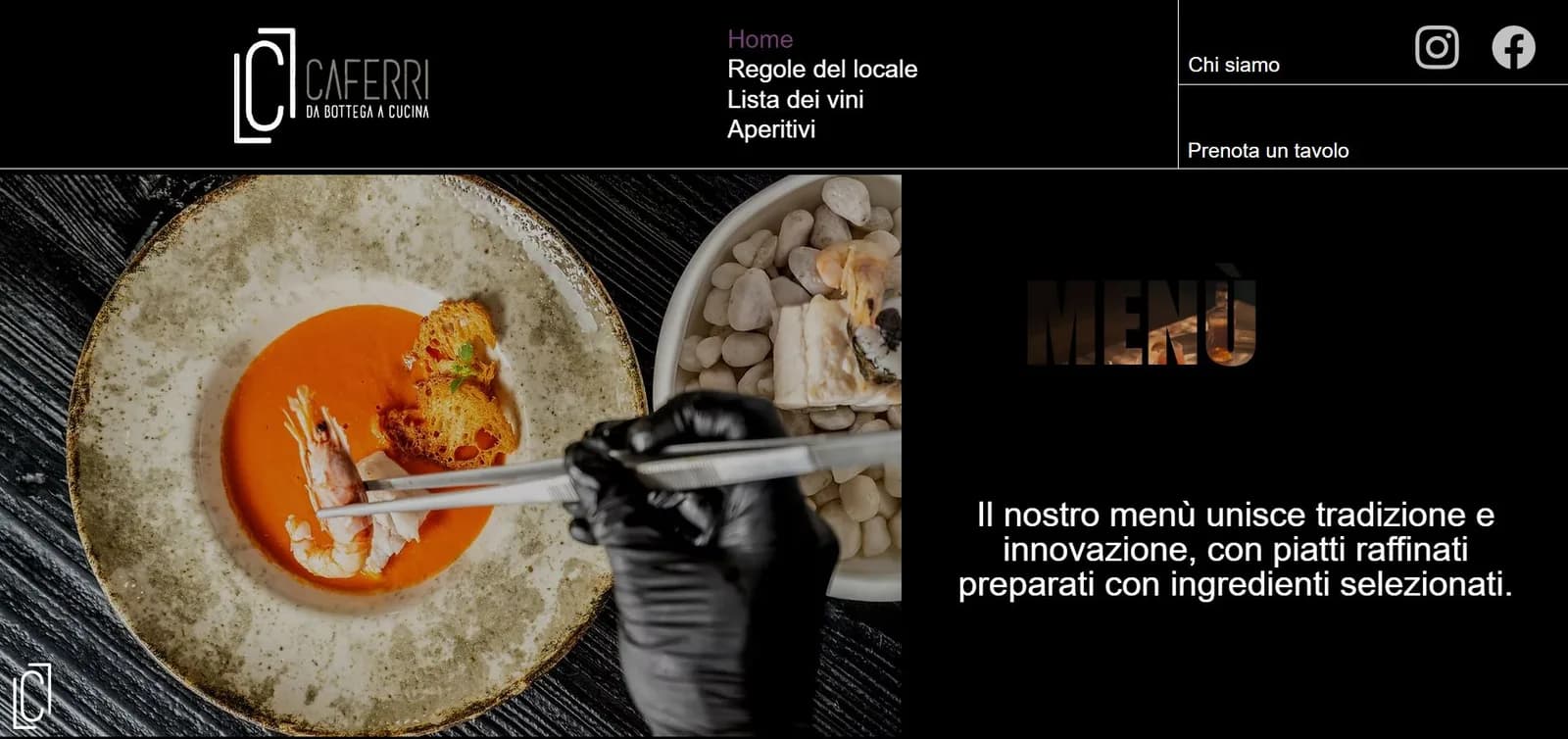 Home page del sito Caferri: menù in evidenza e prenotazione del tavolo nella barra di navigazione