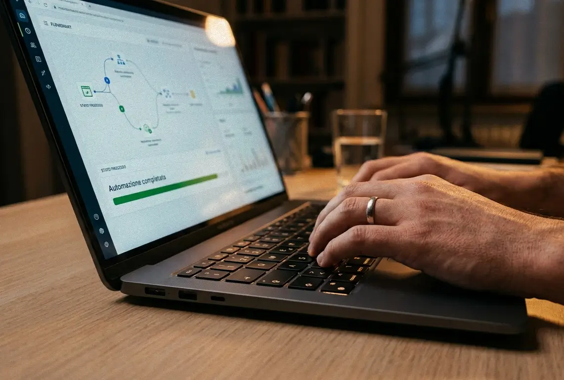 Mani su un portatile che mostra un flusso di automazione completato